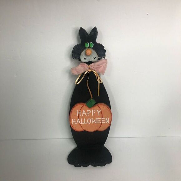 vintage hand made folk art wooden cut out halloween black cat decoration 15.5 in - Picture 1 of 9